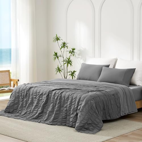 Cozy Bliss Vertical Striped Seersucker Cooling Comforter Twin Size, Lightweight Airflow Silky Cooling Bedding with Q-Max>0.45 for Bedroom, Home Decor, Hot Sleepers & Night Sweats, Grey 68"x90" by CozyBliss