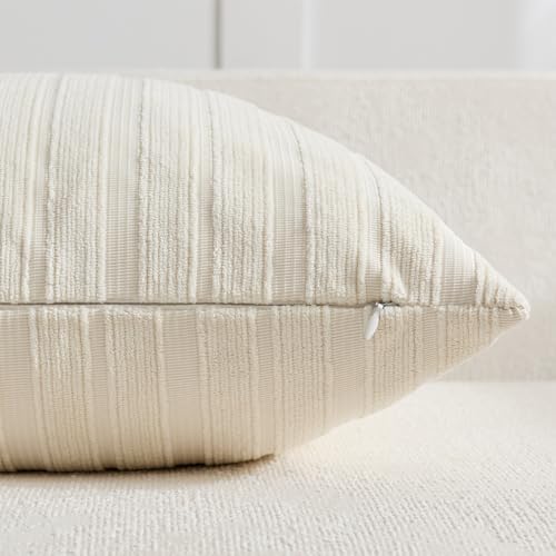 DEZENE 24x24 Cream Throw Pillow Covers Pack of 2 Soft Striped Corduroy Square Farmhouse Pillow Cases for Couch Sofa Bedroom Living Room Home Decor - Image 2