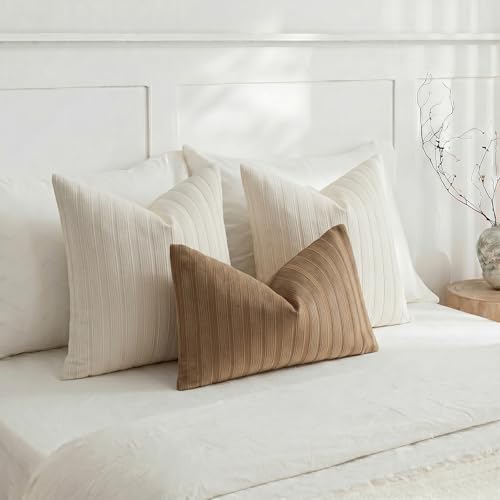 DEZENE 22x22 Cream Throw Pillow Covers Pack of 2 Soft Striped Corduroy Square Farmhouse Pillow Cases for Couch Sofa Bedroom Living Room Home Decor - Image 5