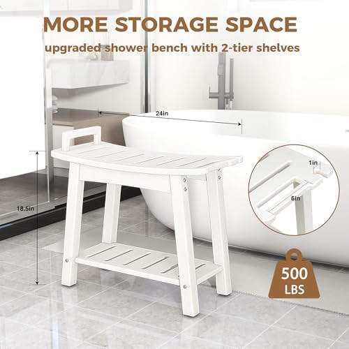 FLyjoe 24 INCH Extra Large Shower Bench for Inside Shower Shaving Legs, Waterproof HDPE Shower Chair Seat with Storage Shelf and Handles Spa Shower Stool for Bath Tub Bathroom Use, White - Image 3