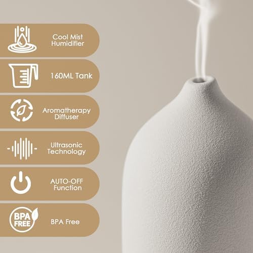 Diffuserlove Ceramic Essential Oil Diffuser 160ML Aromatherapy Diffuser for Home Bedroom Room Cool Mist Humidifier Stone Air Diffusers (Size:6.8" H x 3.6" W) - Image 3
