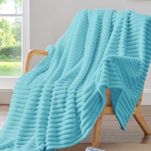 BEDELITE Ribbed Fleece Throw Blanket for Couch, Sky Blue, 50"x60" by BEDELITE