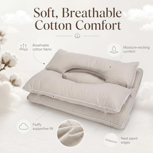 Yookeer 2 in 1 Cervical Neck Pillow for Sleeping 26 x 17 Inch Adjustable Gray Cotton Ergonomic Pillow with Snap Buttons Neck Support Supplies Ear Pressure Relief for Side Back Stomach Sleeper - Image 4
