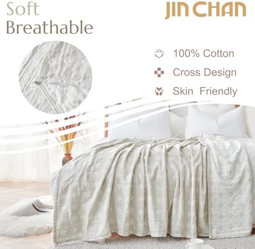 jinchan 100% Cotton Muslin Blanket Twin Boho Throw Blanket 60x80 Oatmeal - Image 2
