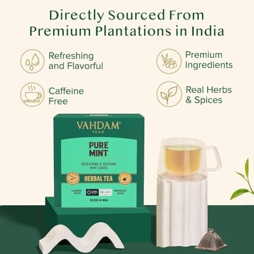 VAHDAM, Pure Mint Herbal Tea (15 Pyramid Tea Bags) Caffeine Free | Blend of Spearmint & Peppermint - Sweet & Minty | Resealable Ziplock Pouch - Image 4