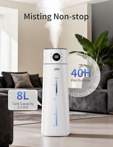 JRD Humidifier Large Room 8L/ 2.1Gal, Ultrasonic Cool Mist for Bedroom, Quiet Humidifier with Remote Control, 10 Mist Modes, 24H Timer, Night Light, AI Mode, 40H Run for Home Office（Grey） - Image 3