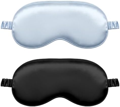 2Pcs Silk Sleeping Mask, Soft Breathable Blackout Eyeshade Comfortable Adjustable Satin Eye Shade for Women Sleep Travel Nap Bridesmaid Gifts (Blue, Black) by Unknown