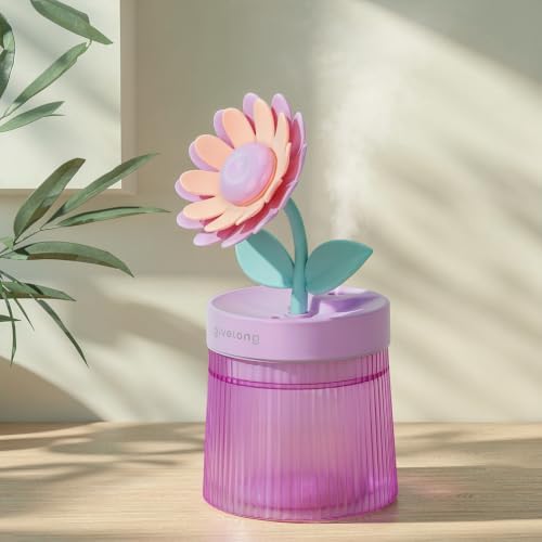 Cute Flower Mini Humidifier, Small Cool Mist Desk Humidifiers, Portable USB Personal Desktop Plant Humidifiers, Cooling for Home Office Car Travel Indoor Outdoor (260ml, Purple Sunflower) by Cerrota