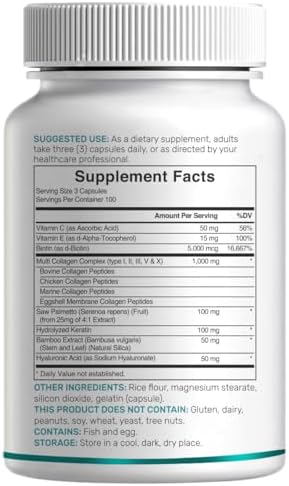 Multi Collagen Pills for Women & Men with Vitamin C, E & Biotin, 300 Capsules – Type I, II, III, V, X Hydrolyzed Collagen Peptides – 11 in 1 Formula with Saw Palmetto, Bamboo Silica, & Hyaluronic Acid - Image 6