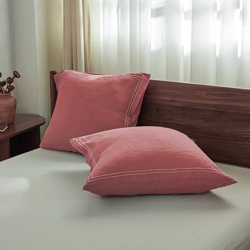 Simple&Opulence 100% French Linen Euro Shams with Embroidery (26'' x 26'') - Pack of 2 - Pre Washed Solid Color Natural Flax Soft Breathable - Coral Red - Image 5