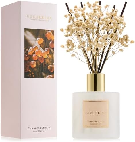 COCORRÍNA Reed Diffuser - Moroccan Amber 6.7 Fl.oz Reed Diffuser Set with Sticks & Preserved Baby's Breath, Reed Diffuser for Home Bathroom Shelf Decor by COCORR%C3%8DNA