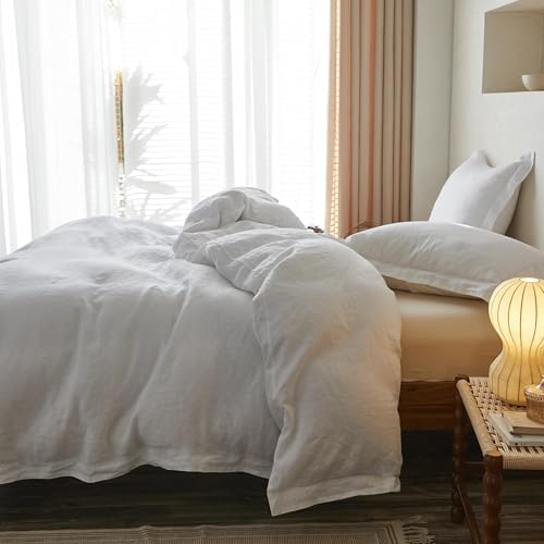 Simple&Opulence 100% Linen Duvet Cover Set with Crossed Embroidery Washed - 3 Pieces (1 Duvet Cover with 2 Pillow Shams) Soft Breathable Farmhouse - White, Queen Size - Image 6
