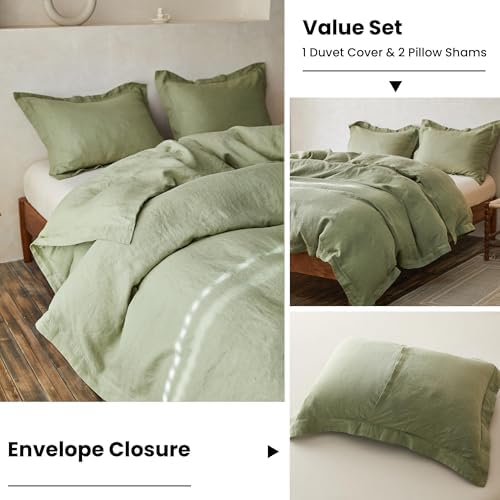Simple&Opulence 100% Linen Duvet Cover Set with Crossed Embroidery Washed - 3 Pieces (1 Duvet Cover with 2 Pillow Shams) Soft Breathable Farmhouse - Sage Green, Queen Size - Image 5