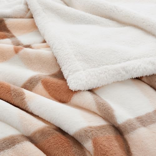 PU MEI Super Soft Faux Rabbit Fur Sherpa Fleece Throw Blanket, Reversible Luxury Cozy Cute Furry Blanket, Plush Warm Shaggy Fluffy Checkered Blankets for Sofa Couch Bed (Beige-Plaid, 60" x 80") - Image 3