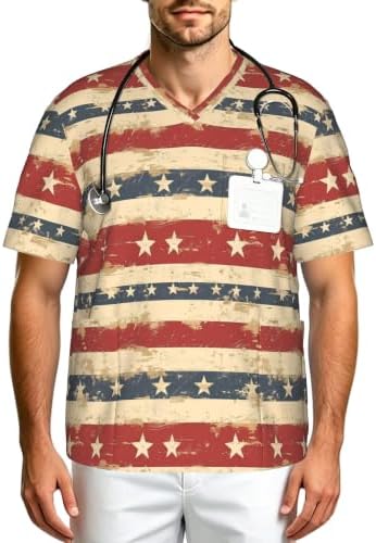 Men's Scrub Top,V-Neck Spill Wrinkle Resistant,3 Pockets-American Flag Vintage (12) by Unknown