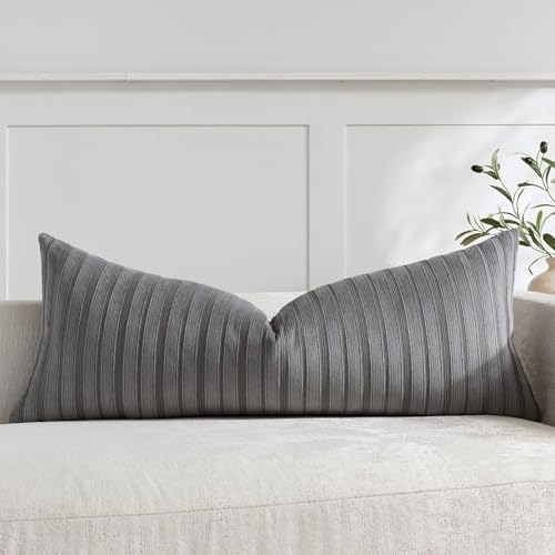 DEZENE 14x36 Grey Lumbar Pillow Covers Soft Striped Corduroy Modern Neutral Rectangular Long Body Pillow Cases for Couch Sofa Bedroom Living Room Home Decor by DEZENE