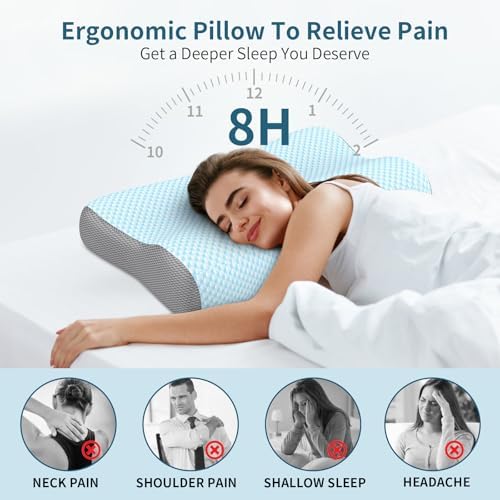 Cervical Neck Pillow for Pain Relief, Contour Memory Foam Pillows for Sleeping, Ergonomic Pillow Orthopedic Cooling Pillow Bed Pillow Neck Support for Side Back Stomach Sleepers(Light Blue) - Image 2