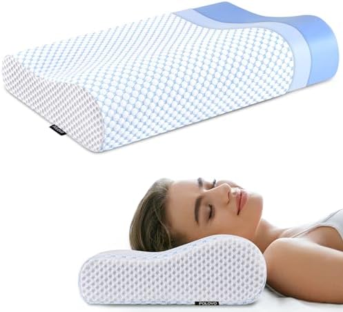 Memory Foam Pillows Neck Pillow for Pain Relief, Ergonomic Cervical Pillow Neck Shoulder Support Bed Pillow for Side Back Stomach Sleeper, Orthopedic Contour Pillow for Sleeping(Blue&White) by Polovo