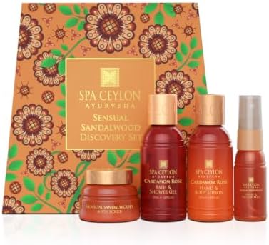 Spa Ceylon Ayurveda Sensual Sandalwood Discovery Set - 4-Piece Natural Spa Gift Set with Mysore Sandalwood, Vetiver & Patchouli – Bath Gel, Body Lotion, Pillow Mist & Body Scrub by SPACEYLON