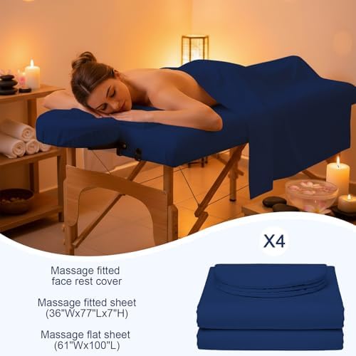 Oudain 4 Sets 3 Piece Soft Microfiber Massage Table Sheets Set Bulk Includes Massage Flat Sheet and Fitted Sheet and Face Rest Cover(Dark Blue) - Image 2