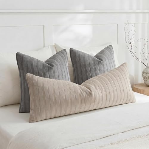 DEZENE 14x36 Taupe Lumbar Pillow Covers Soft Striped Corduroy Neutral Rectangular Long Body Pillow Cases for Couch Sofa Bedroom Living Room Home Decor - Image 4