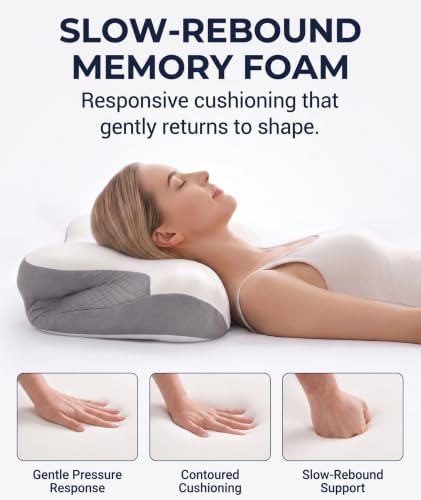 Low Profile Cervical Pillow for Neck Pain Relief, Orthopedic Memory Foam Pillow with Dual Height 4.3" & 5.1" Loft, Cooling Butterfly Contour with Arm Rest for Side and Back Sleepers - Image 5