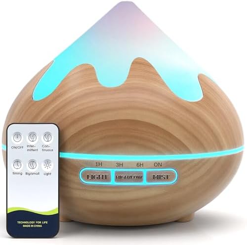 500ML Essential Oil Diffuser, Aromatherapy Diffuser with Remote Control, Multifunctional Air Diffusers for Home Office Room, Fragrance Aroma Diffuser with 7 Color LED & 2 Mist Mode, Brown by Unknown