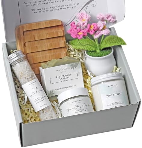 Natural Amor Spa Gift Basket for Women – Handmade Soap, Candle, Bath Salts, Crochet Flower Gift Set, Relaxing Self Care Birthday, Thank You Gift by NATURALAMORLOSANGELES