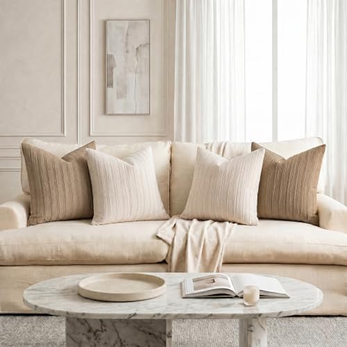 DEZENE 18x18 Khaki Throw Pillow Covers Pack of 2 Soft Striped Corduroy Square Neutral Pillow Cases for Couch Sofa Bedroom Living Room Home Decor - Image 7