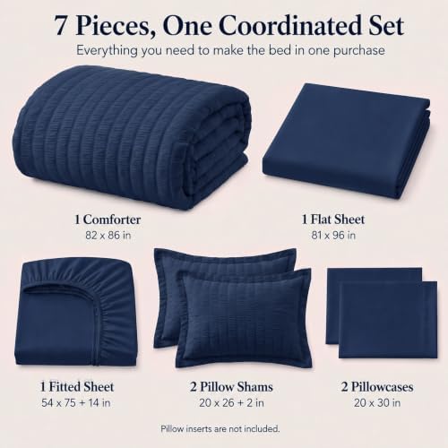CozyLux Full Size Comforter Sets 7 Pieces Navy Blue Seersucker Bed in a Bag - Image 2