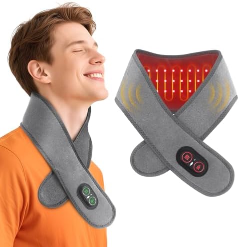 Electric Neck Heating Pad Cordless with Massage, Heated Neck Wrap with 660nm 850nm Red Light, 3 Heat Levels 3 Vibration Modes, Portable Neck Massager for Pain Relief, 3000mAh Rechargeable by WoloyHeatie