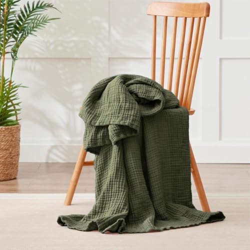 100% Cotton Muslin Blanket Large 50" x 70", Breathable and Lightweight Cotton Throw Blankets for Bed and Couch, Soft Cooling Summer Gauze Blanket for Adults All Season, Olive Green by Kozyhvn
