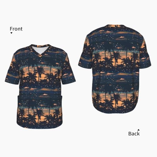 Men's Scrub Top,V-Neck Spill Wrinkle Resistant,3 Pockets-Tropical Starry Sky Palm Tree (4) - Image 4