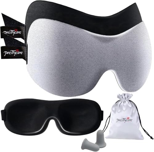 PrettyCare 3D Sleep Mask 2 Pack,Eye Mask for Side Sleeper -3D Contoured Sleeping Mask Blackout Out for Men Women - Zero Eye Pressure Blindfold with Ear Plugs, Night Masks with Travel Bag (Black＆Grey) by PrettyCare