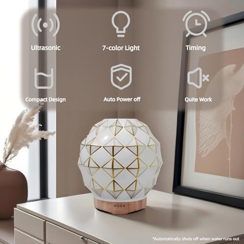 Essential Oil Diffuser, 100ML Handcrafted Glass Aromatherapy Diffuser with 7 Color LED Lights, Remote Control, Cool Mist Humidifier, Timed Mist, Auto Shut-Off (White) - Image 3