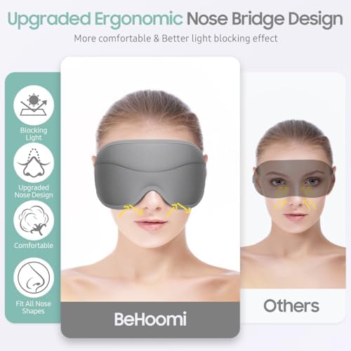 BeHoomi Sleep Mask, Premium Eye Mask for Sleeping, Completely Blackout, Superior Soft Comfort, Upgraded 3D Ergonomic Designed Sleeping Mask for Home, Office, Travel, Meditation, Yoga, Grey - Image 2