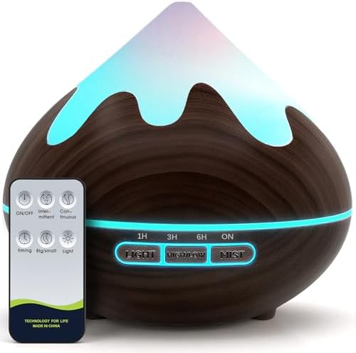 500ML Essential Oil Diffuser, Aromatherapy Diffuser with Remote Control, Multifunctional Air Diffusers for Home Office Room, Fragrance Aroma Diffuser with 7 Color LED & 2 Mist Mode, Dark Brown by Unknown