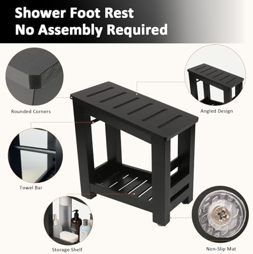 Bamboo Shower Foot Rest Stool for Shaving Legs & Pedicure, Non-Slip Bathroom Foot Step with Storage Pocket, Solid & Water-Resistant,Natural (Black) - Image 3