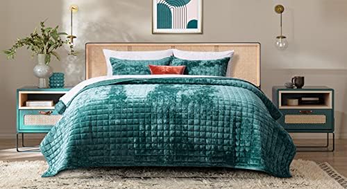 RECYCO Channel Box Stitch Velvet Quilt Set, Full Queen Size, Teal - Image 4
