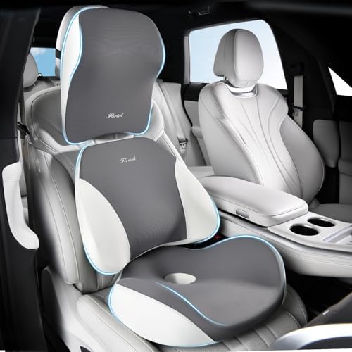 FLORICH Car Seat Cushion & Lumbar Support Pillow & Car Neck Pillow Ergonomic and 100% Memory Foam, Upgraded Larger and Breathable Car Seat Cushion & Back Support Pillow - Gray by FLORICH