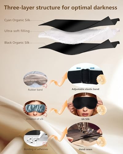 Silk Sleep Mask for Women and Men - Soft Breathable Organic Natural Mulberry Silk Fabric Blackout Eye Mask with Adjustable Straps No Pressure Eye Mask for Travel Essentials Gifts (Black) - Image 5