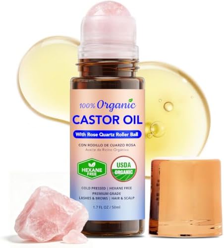 Castor Oil Rose Quartz Roller Ball: 100% Pure Organic Cold Pressed Serum, Natural Crystal Face Roller for Fine Lines, Wrinkles & Puffiness, Thicker Lashes & Brows, Self Care Gift for Women 35+ 1.7oz by Acolye