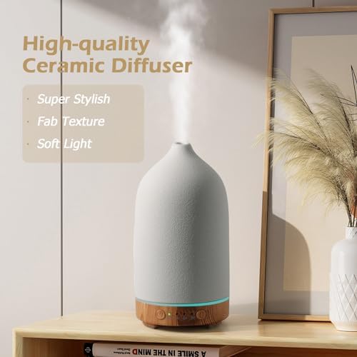 Diffuserlove Ceramic Essential Oil Diffuser 160ML Aromatherapy Diffuser for Home Bedroom Room Cool Mist Humidifier Stone Air Diffusers with Yellow Wood Pattern Base (Size:6.8" H x 3.6" W) - Image 2