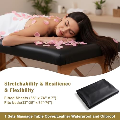Leather Massage Table Cover, 76.7 x 35.4 x 7.1 Inch Wipeable Vinyl Spa Bed Protector Waterproof Oilproof Massage Table Cover for 33-35 Inch Wide (Black) - Image 2