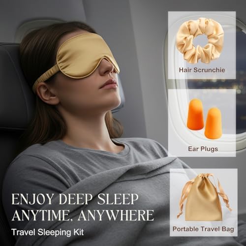 Gold Sleep Eye Mask, Blackout Silk Satin Travel Blindfold Set Women - Image 5