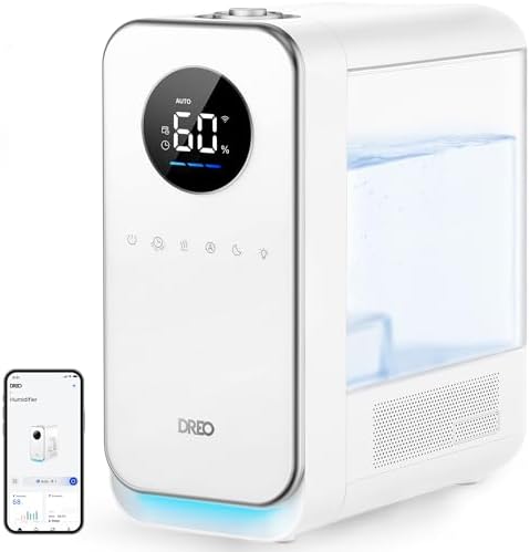 DREO Humidifiers for Bedroom, Top-filled Smart Quiet Cool Mist Humidifier for Large Room Home, Oil Diffuser & Nightlight, 50Hours Runtime for Indoor Plants, with Alexa/Google, White by Unknown