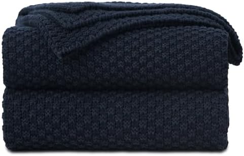 Longhui bedding 100% Cotton Knitted Throw Blanket – Navy Blue, Soft & Cozy, Machine Washable, 51"x63" – Perfect for Living Room, Couch, Sofa, Bed or Travel by LongHuiBedding