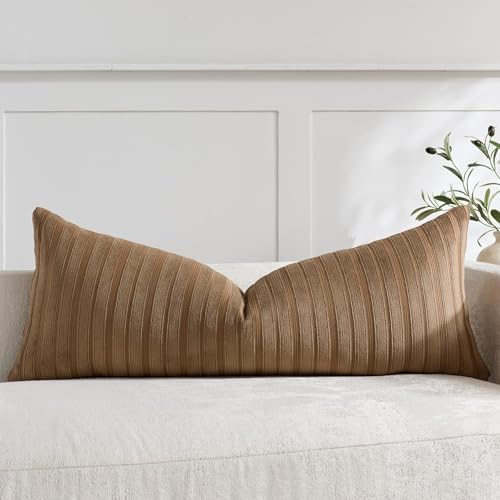 DEZENE 14x36 Brown Lumbar Pillow Covers Soft Striped Corduroy Rustic Farmhouse Rectangular Long Body Pillow Cases for Couch Sofa Bedroom Living Room Home Decor by DEZENE