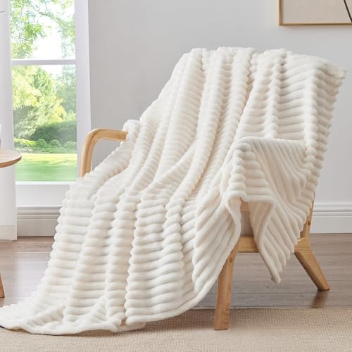 BEDELITE Ribbed Fleece Throw Blanket for Couch, Cream, 50"x70" by BEDELITE