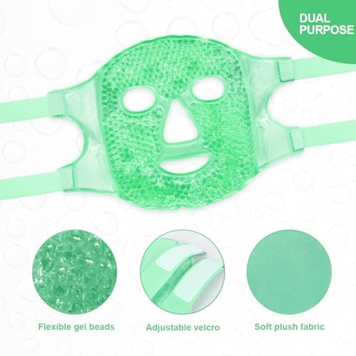 Face Eye Masks for Dark Circles and Puffiness, Migraines, Headache, Stress, Redness, Acne, Cooling Face Masks for Women Man, Hot Cold Use Ice Face Mask. (Green) - Image 3